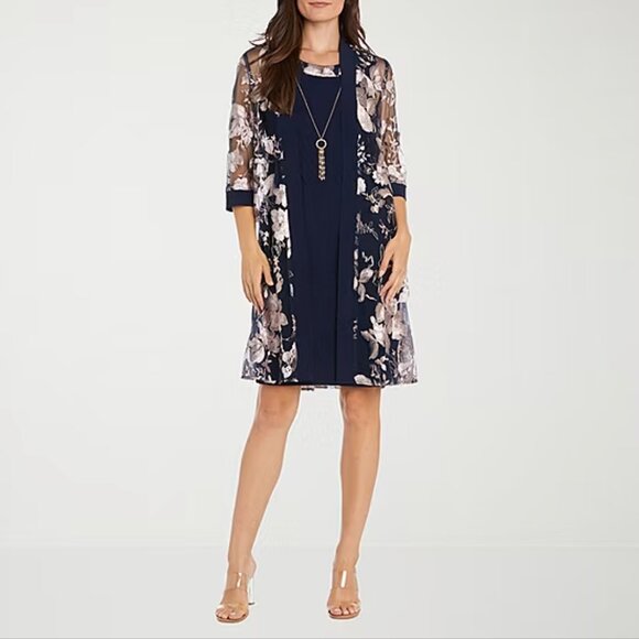 R & M Richards Womens Floral Jacket & Dress - Navy/Pink Sz 14 925092 - Picture 1 of 11